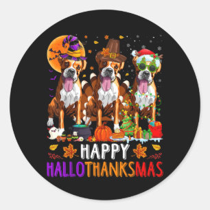 Pegatina Redonda Caja Feliz Hallothanksmas Perro Boxer Halloween Na