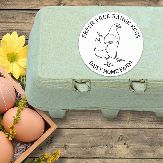 Pegatina Redonda Caja simple de huevos de rango libre de pollo (Simple free range fresh chicken eggs box sticker with business name)
