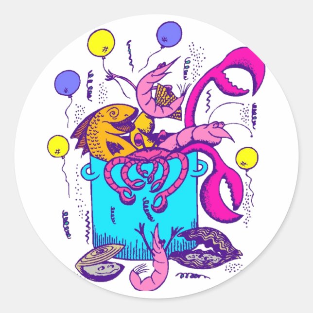 Pegatina Redonda Cajun Style Pot con peces, langostas, camarones (Anverso)