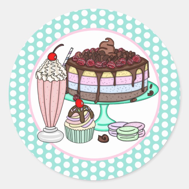 Pegatina Redonda Cake, Cupcake, Milkshake and Macaroons   (Anverso)