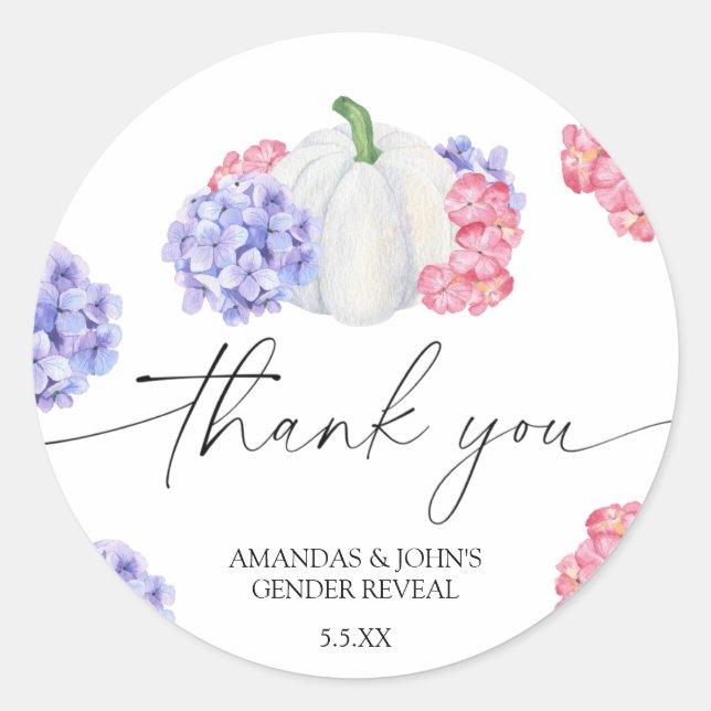 Pegatina Redonda Calabaza acuarela Gracias revelar el género (Anverso)