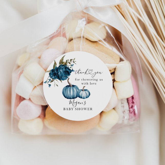 Pegatina Redonda Calabaza Azul Floral Baby Shower Favor (Subido por el creador)