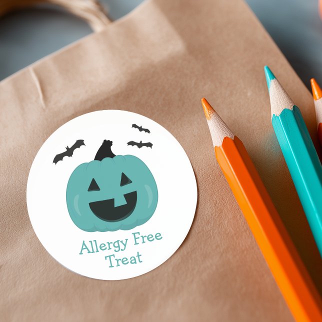 Pegatina Redonda Calabaza Azul Libre de Alergias (Teal Pumpkin Allergy Free Treat Stickers)
