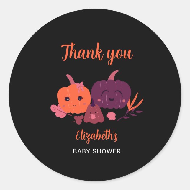 Pegatina Redonda Calabaza Baby Shower Cute Halloween Negro (Anverso)