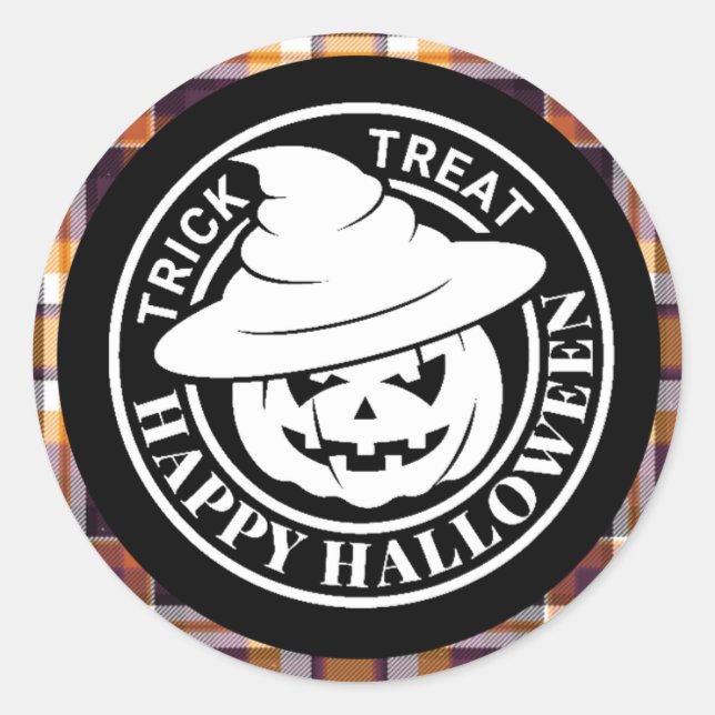 Pegatina Redonda Calabaza Blanca Feliz Halloween Cuadro Negro/Naran (Anverso)