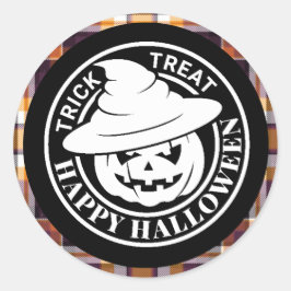 Pegatina Redonda Calabaza Blanca Feliz Halloween Cuadro Negro/Naran