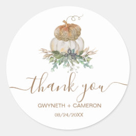 Pegatina Redonda Calabaza blanca y dorada gracias