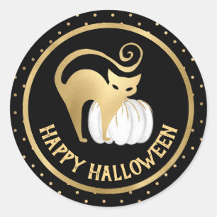 Pegatina Redonda Calabaza blanca y gato dorado lunares Halloween