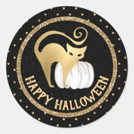 Pegatina Redonda Calabaza blanca y gato dorado puntos de Halloween