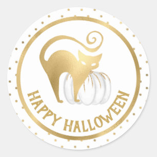 Pegatina Redonda Calabaza blanca y gato dorado puntos de Halloween