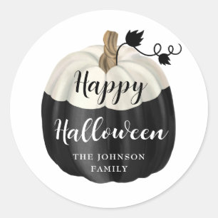 Pegatina Redonda Calabaza blanca y negra linda Feliz Halloween 
