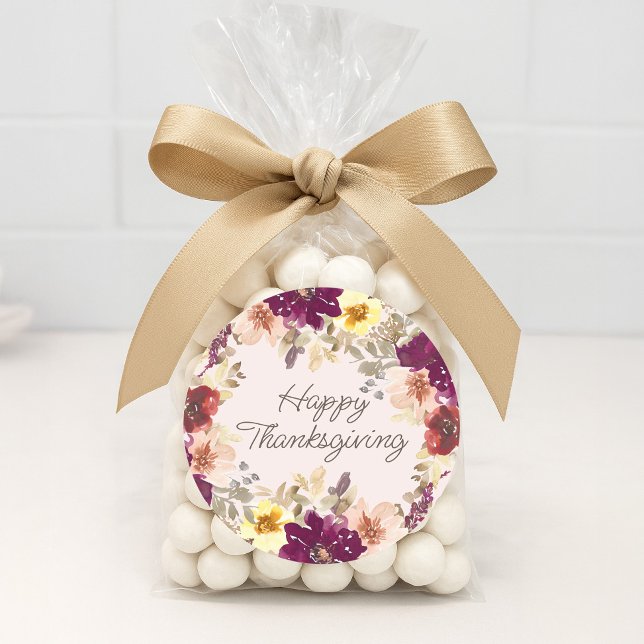 Pegatina Redonda Calabaza Borgoña Floral rosa Feliz Día de Acción d (Burgundy watercolor floral Thanksgiving sticker)