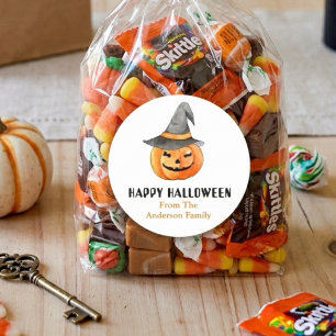 Pegatina Redonda Calabaza con sombrero de bruja Halloween