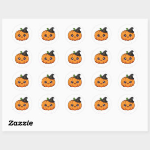 Pegatina Redonda Calabaza Cute de Halloween con sombrero de bruja -