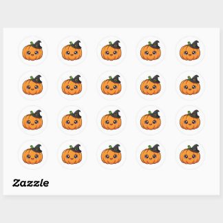 Pegatina Redonda Calabaza Cute de Halloween con sombrero de bruja -