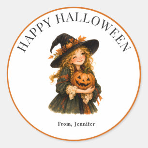 Pegatina Redonda Calabaza de Bruja Caprichosa Personalizada Hallowe