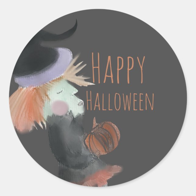 Pegatina Redonda Calabaza de Brujas de Halloween (Anverso)