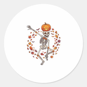 Pegatina Redonda Calabaza De Cabeza De Esqueleto Bailando Halloween
