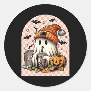 Pegatina Redonda Calabaza de café de bebida ghost de Halloween retr