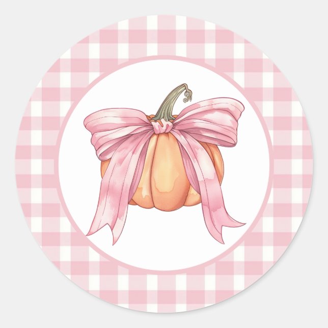 Pegatina Redonda Calabaza de cinta rosa, caída de Gingham Coquette (Anverso)