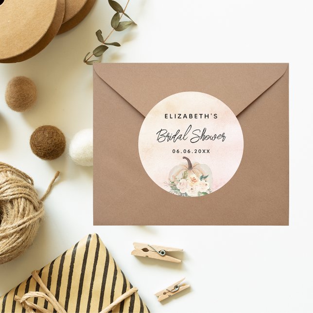 Pegatina Redonda Calabaza de ducha nupcial otoño crema rosa dorado (Subido por el creador)