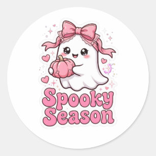 Pegatina Redonda Calabaza de Fantasma Rosa Lindo con Moño