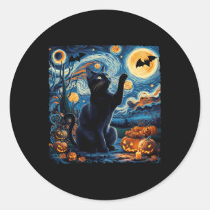 Pegatina Redonda Calabaza de gato negro de la noche estrellada de H