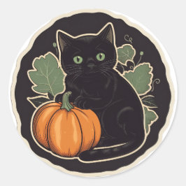 Pegatina Redonda Calabaza de gato negro de otoño