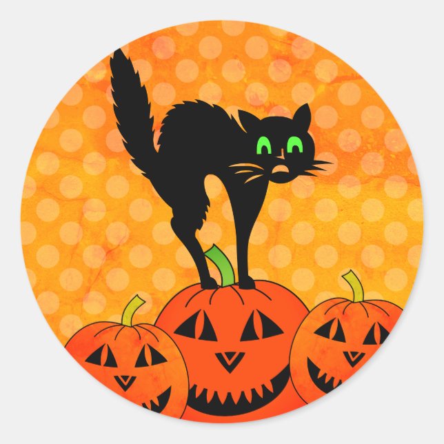 Pegatina Redonda Calabaza de gato negro Halloween Jack O' Lantern (Anverso)