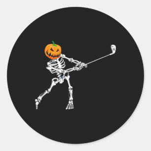 Pegatina Redonda Calabaza de golf de Halloween de esqueleto golfist