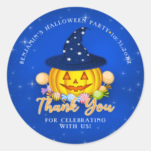 Pegatina Redonda Calabaza de Halloween azul espumoso Gracias