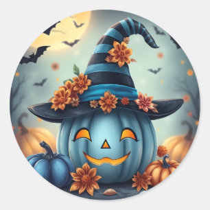 Pegatina Redonda Calabaza de Halloween azul Jack-o-lantern