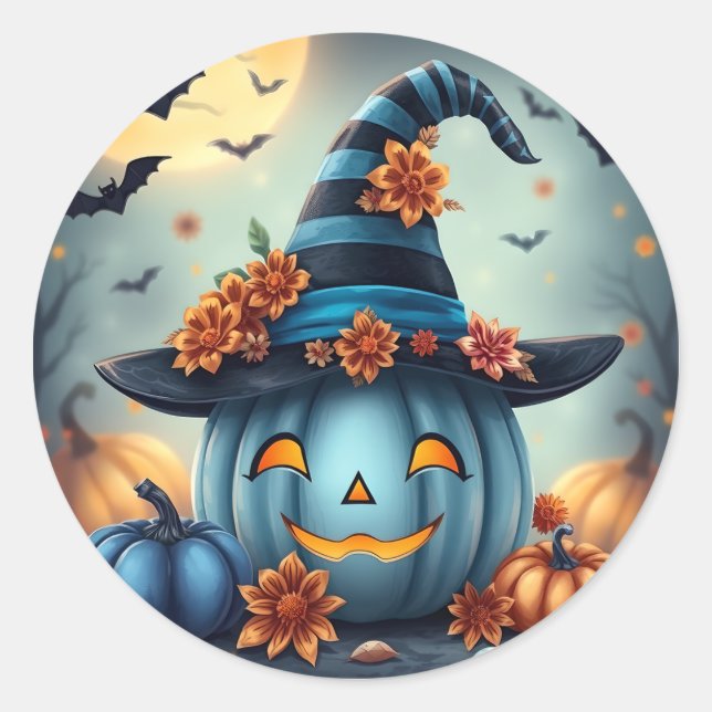 Pegatina Redonda Calabaza de Halloween azul Jack-o-lantern (Anverso)
