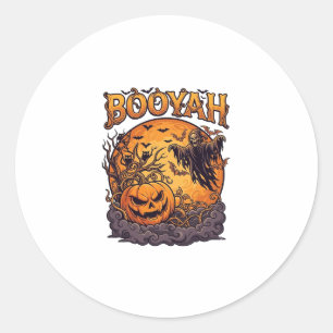 Pegatina Redonda Calabaza de Halloween Booyah Segador Naranja Luna_