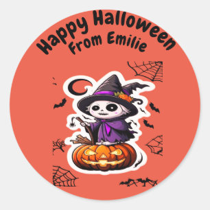 Pegatina Redonda Calabaza de Halloween, bruja de espantapájaros