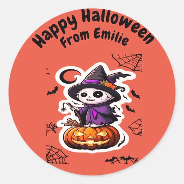 Pegatina Redonda Calabaza de Halloween, bruja de espantapájaros (Anverso)