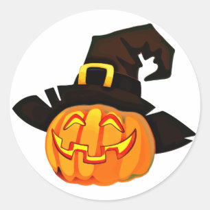 Pegatina Redonda Calabaza de Halloween con Gorra de brujas