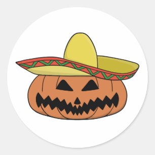 Pegatina Redonda Calabaza de Halloween con sombrero