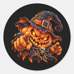 Pegatina Redonda Calabaza de Halloween espantosa con dedo señalando