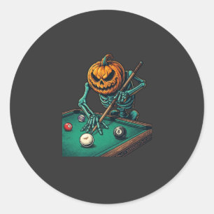 Pegatina Redonda Calabaza de Halloween Esqueleto Jugando Billar Pis