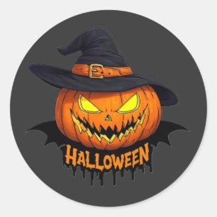 Pegatina Redonda Calabaza de Halloween Sombrero de Bruja Cara Espel
