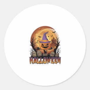 Pegatina Redonda Calabaza de Halloween Sombrero de Bruja Gato Negro