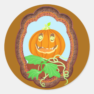 Pegatina Redonda Calabaza de Halloween sonriendo caprichosa y espel