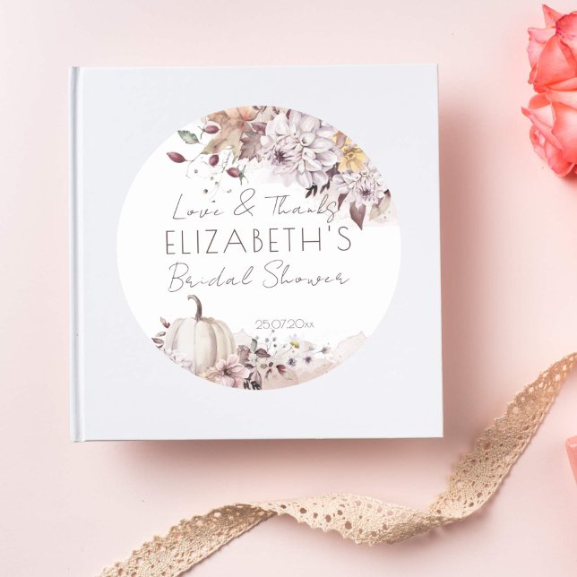 Pegatina Redonda Calabaza de hojas de ducha de novia gracias favor (Fall bridal shower favor gift stickers pumpkin autumn foliage thank you stickers)