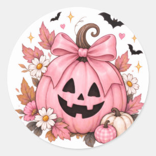 Pegatina Redonda Calabaza de lazo rosa Coquette Halloween