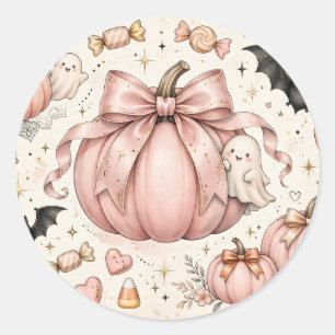Pegatina Redonda Calabaza de lazo rosa Halloween Coquette Fantasmas