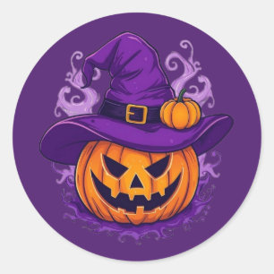 Pegatina Redonda Calabaza de Linterna de Halloween con Sombrero de