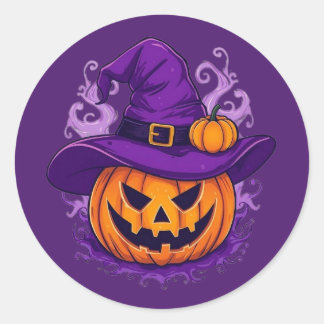 Pegatina Redonda Calabaza de Linterna de Halloween con Sombrero de