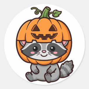 Pegatina Redonda Calabaza de mapache lindo sombrero Halloween