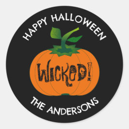 Pegatina Redonda Calabaza de Naranja negro malvada feliz Halloween